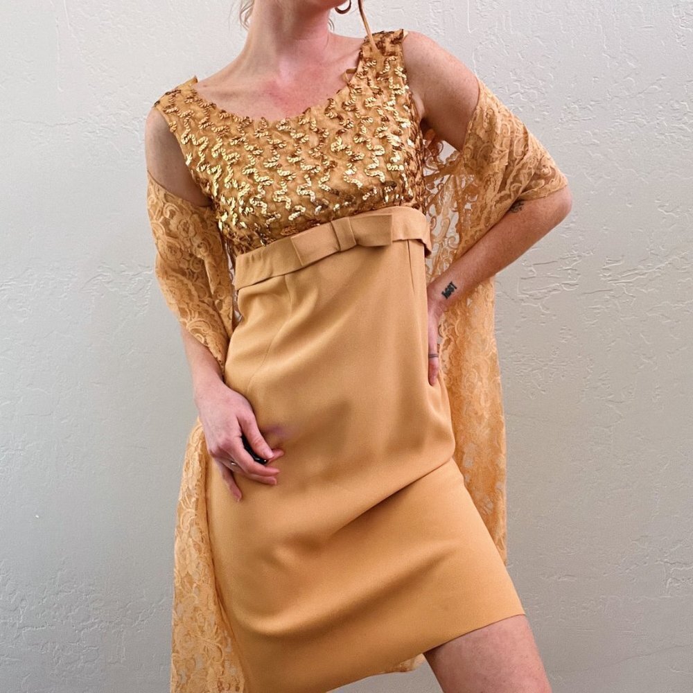 Vintage 1960's Gold Empire Waist Sequin Mini Cocktail Dress w/ Lace Robe